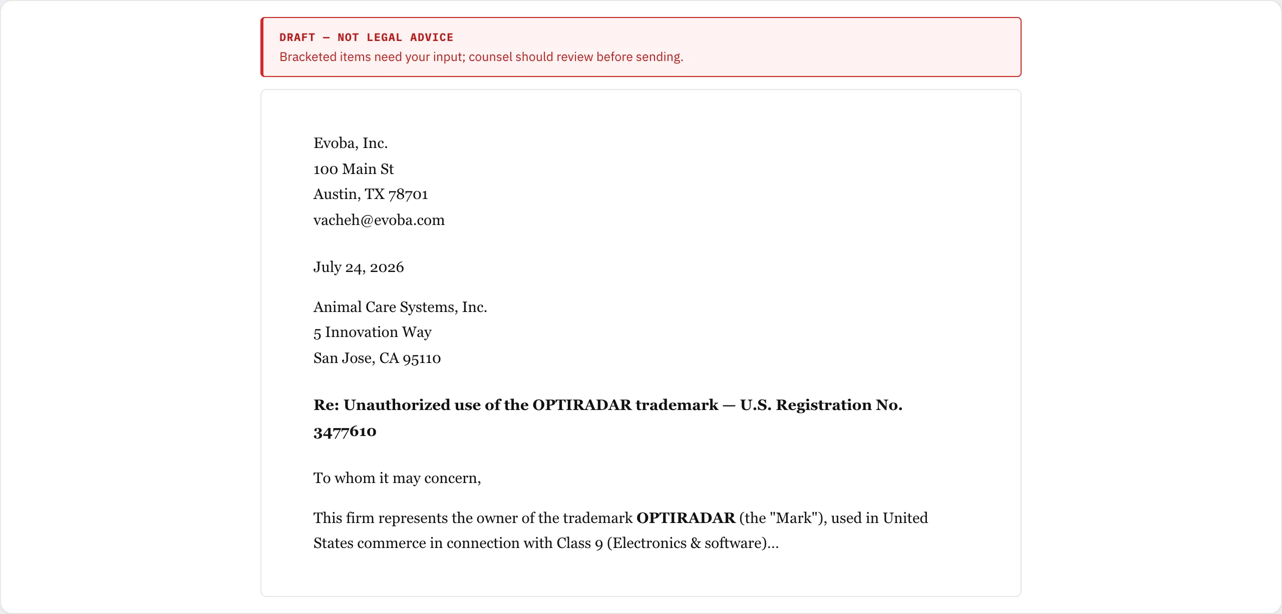A cease-and-desist letter draft with sender letterhead, recipient address, and the parties and marks merged in