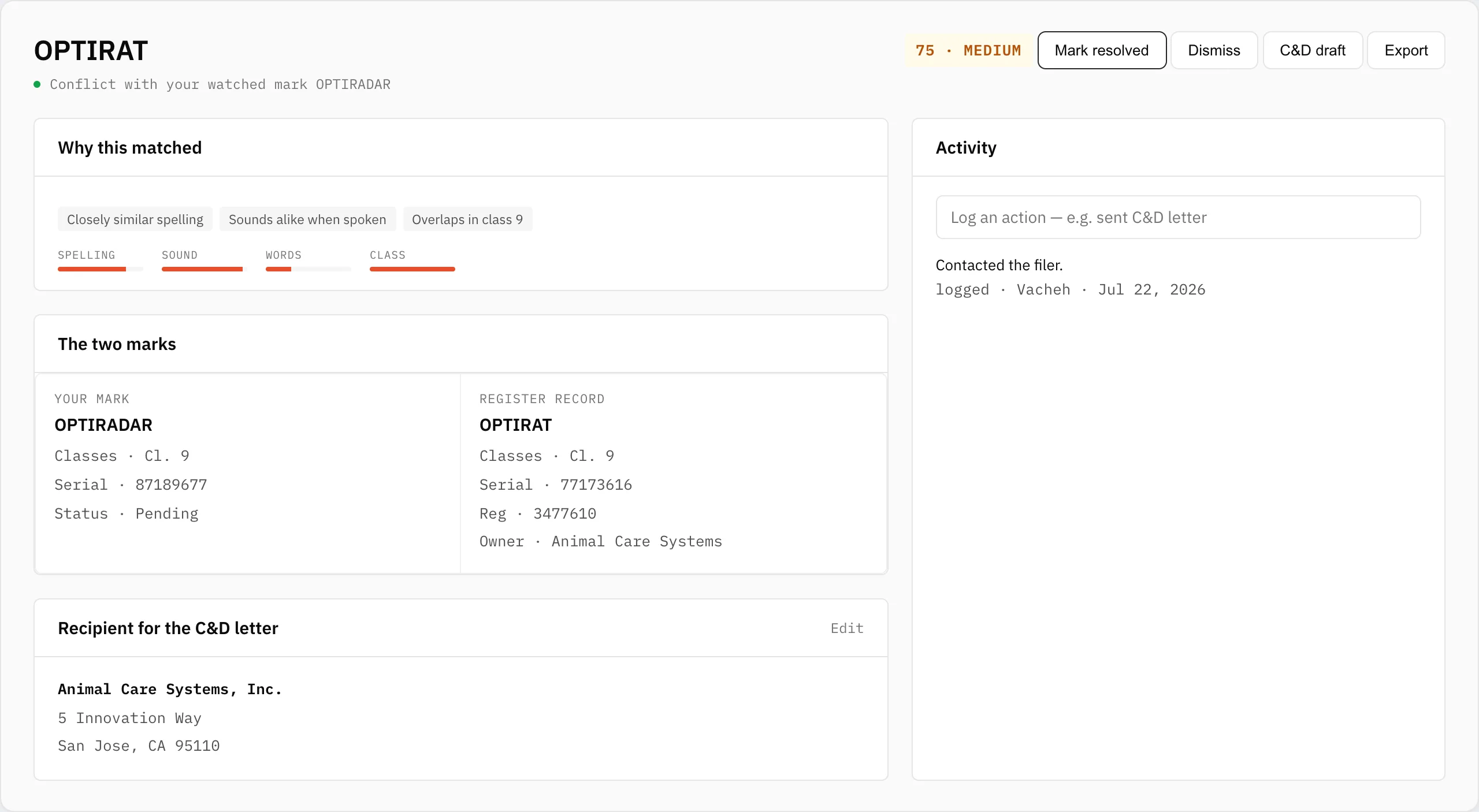 A finding detail page: why it matched, the two marks compared, recipient details, notes, and an activity log