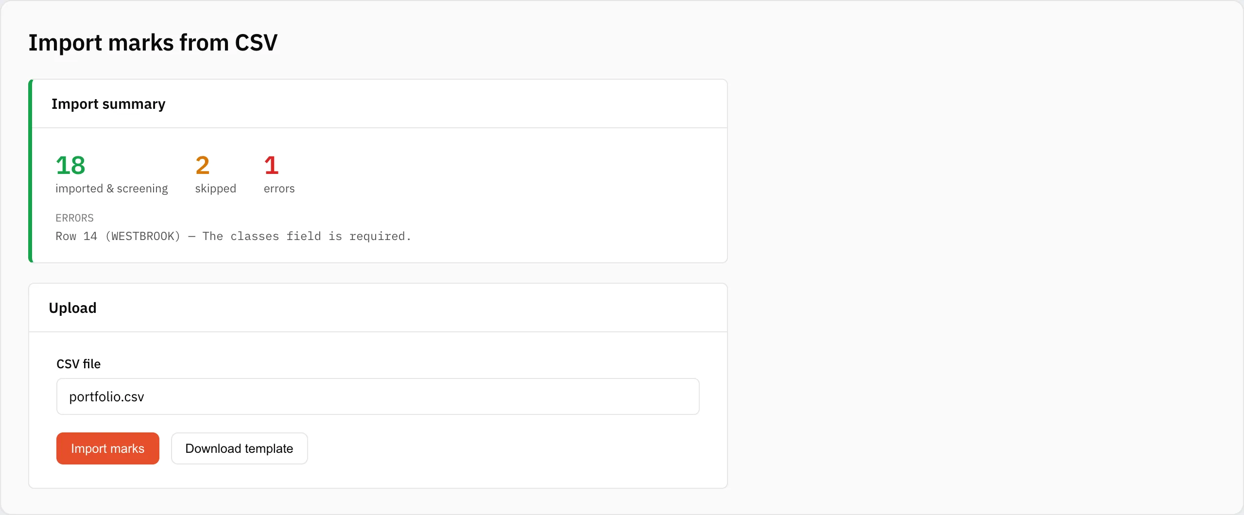 The CSV import screen with a results summary of imported, skipped, and error rows