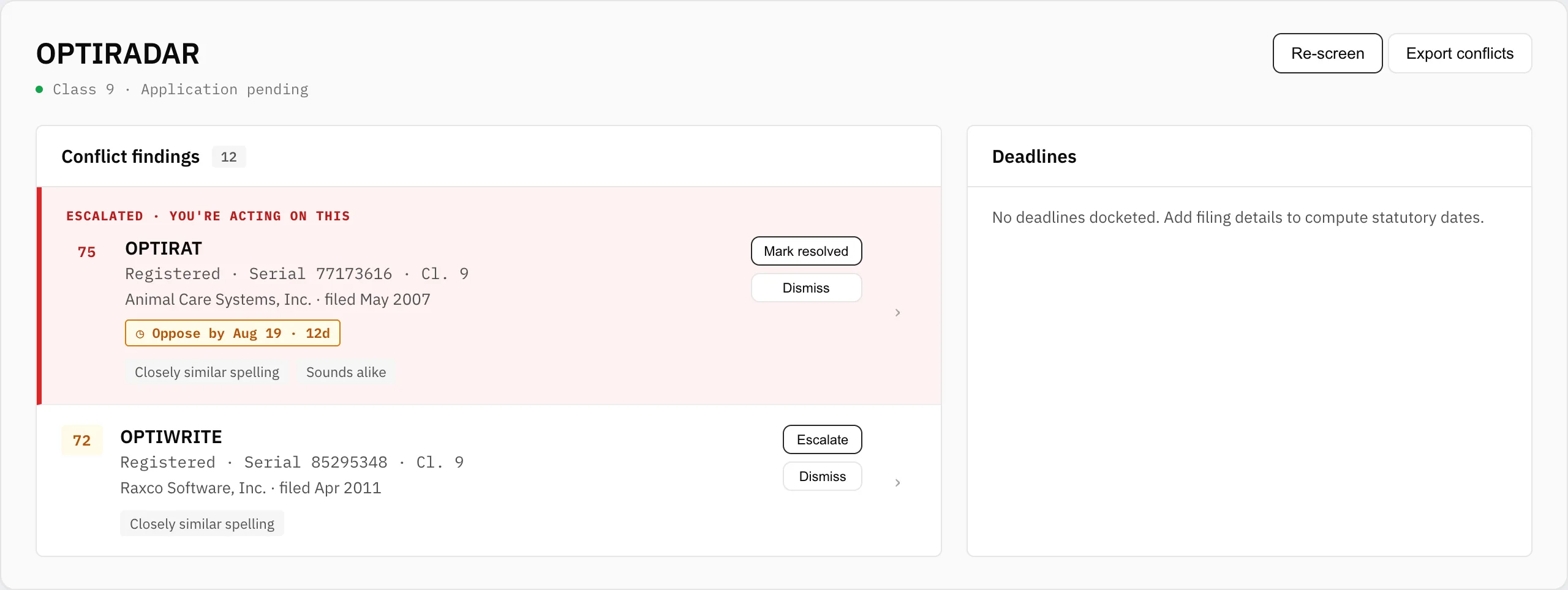 A mark detail page listing conflict findings with severity scores, alongside deadlines and a status timeline