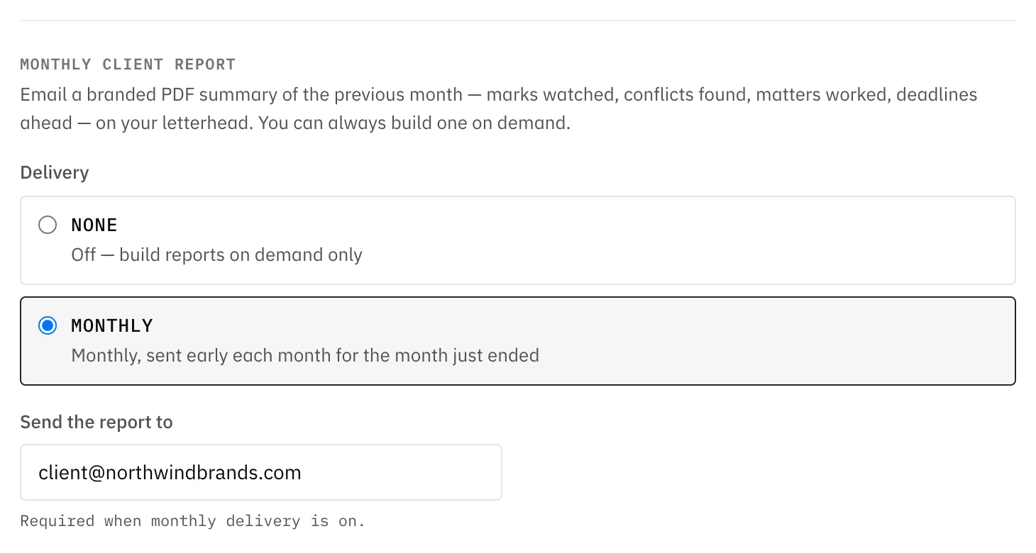 Settings showing monthly client report delivery options and the client email address field