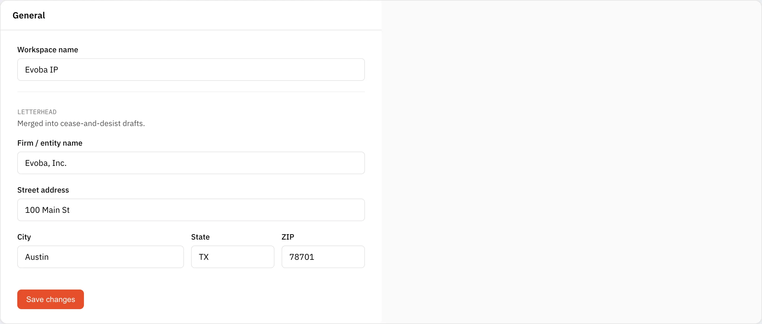 The settings page showing workspace name, digest frequency, timezone, and firm letterhead fields