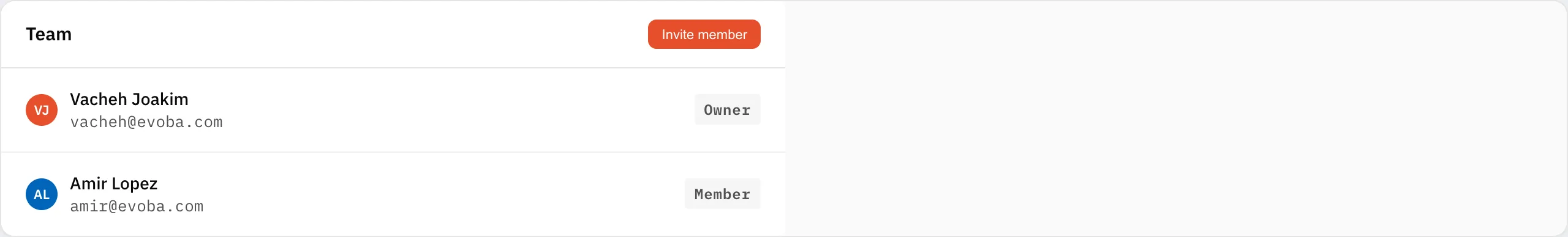 The team page listing workspace members with their roles and an invite control