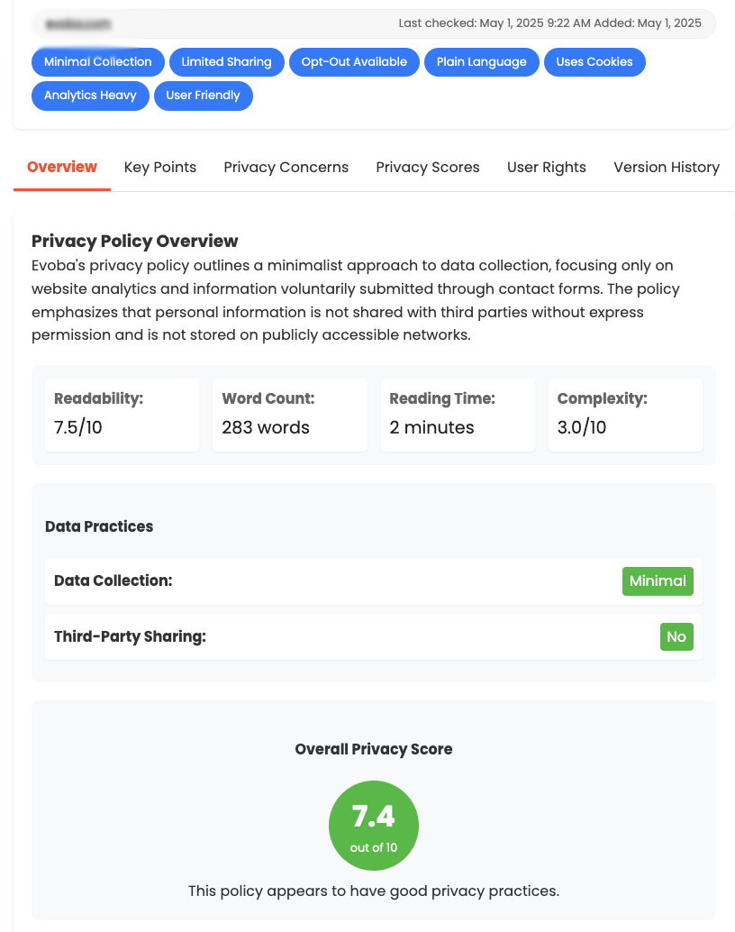Privacy policy archive interface