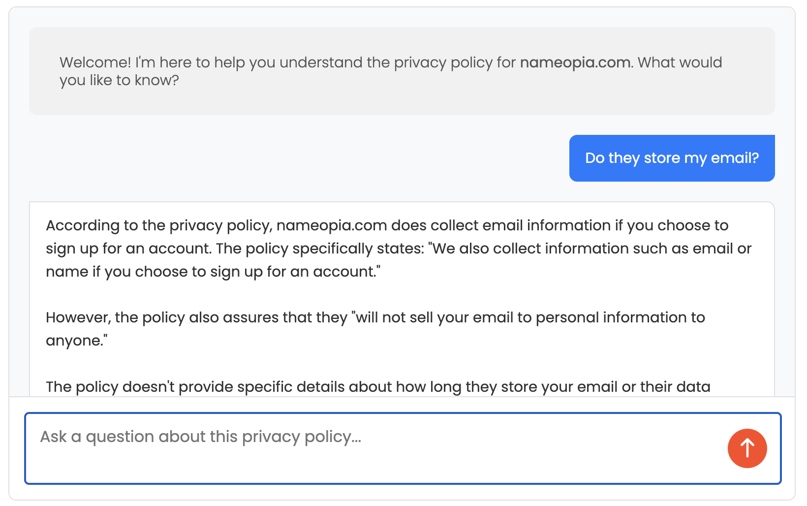 Interactive chat with privacy policy interface
